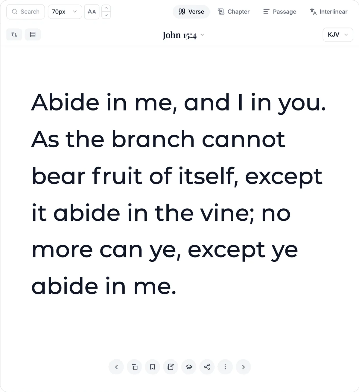 John 15:4 in the King James Version, shown in large type in the Verse view of the reader