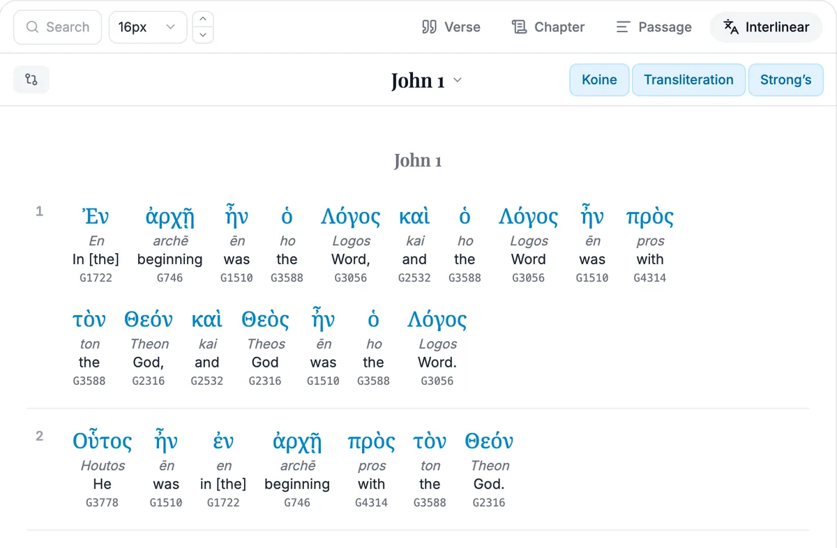 John 1:1 in Interlinear mode: each Greek word with its transliteration, an English word and a Strong's number beneath it