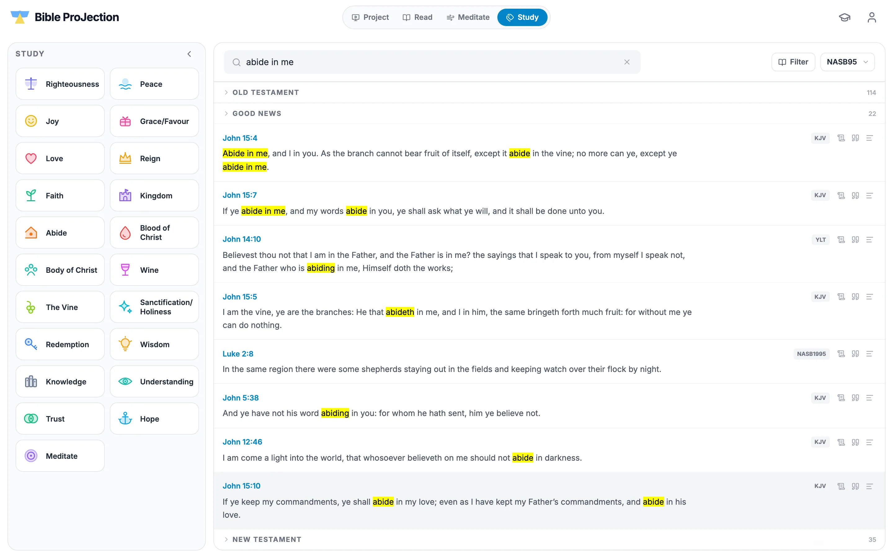 Study search for abide in me, with results grouped by section and John 15:4 and John 15:7 at the top